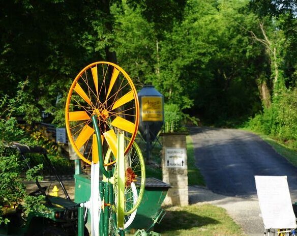 Colorful windmills at the trailhead