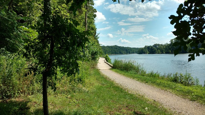 Picture of the C&O Towpath gravel trail near a lake.