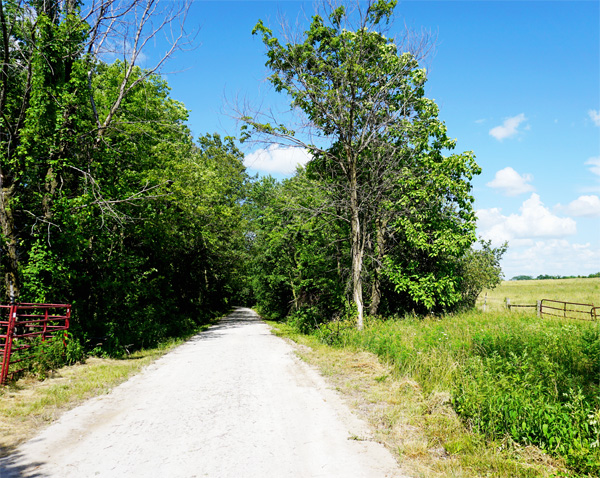 Blue skies, gravel trail on the Katy in Missouri