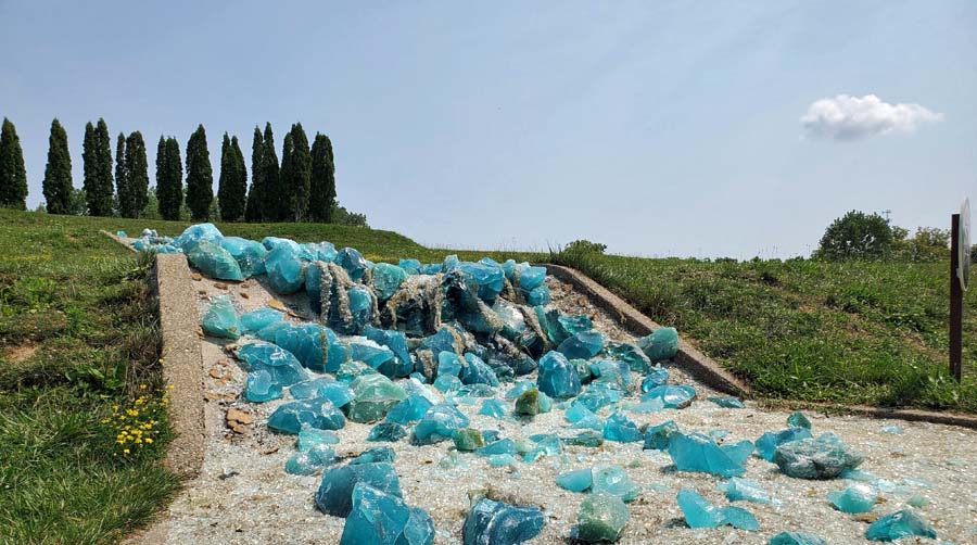 blue glass art installation